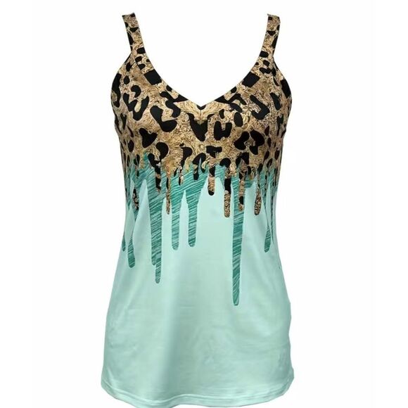 NEW SZ M Woman’s Leopard Cyan Drip Print V-Neck Halter Top - Picture 3 of 5